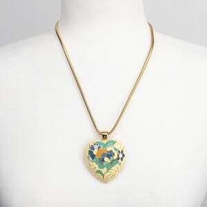 Vintage Cloisonné Enamel Heart Necklace Floral Gold Tone